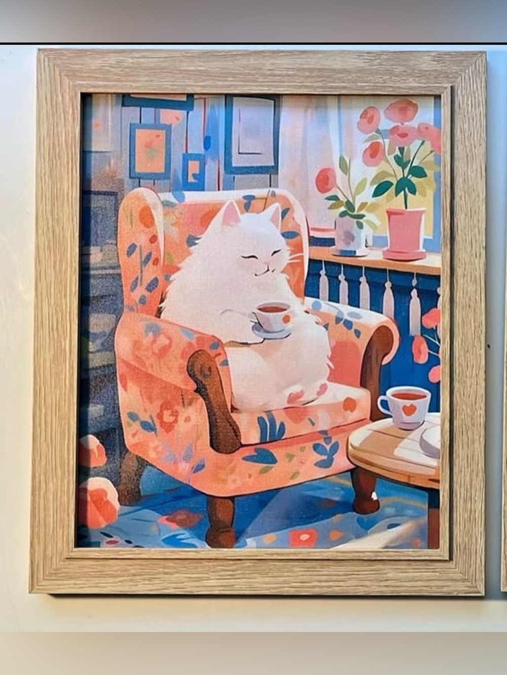 Framed 8x10 White Cat Tea Time Wall Art – Peach & Blue